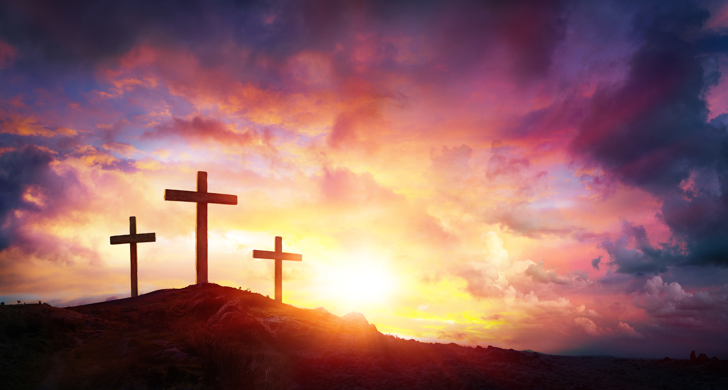Crucifixion Of Jesus Christ At Sunrise – Three Crosses On Hill